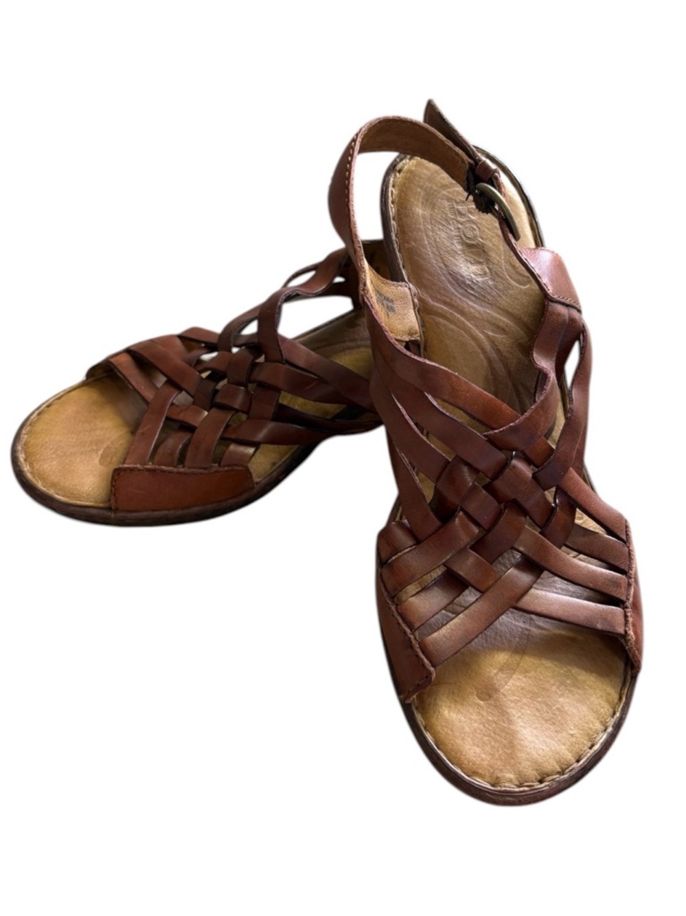 Born Brown Leather Woven Huarache Wedge Sandals - Size 8